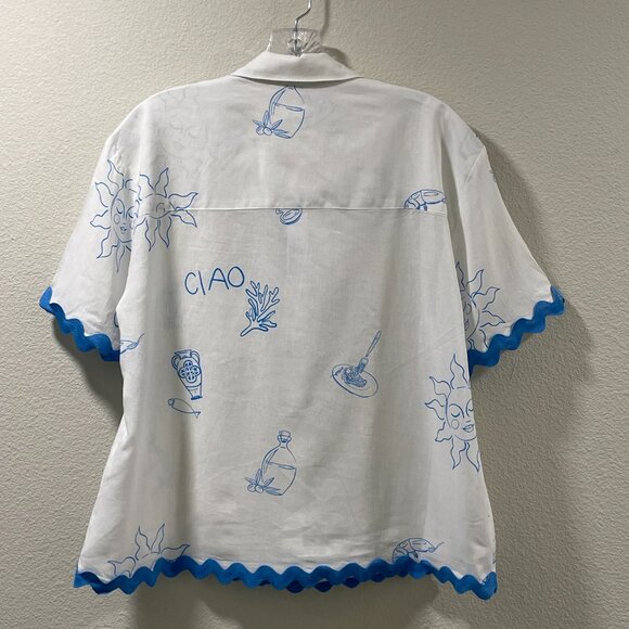 JANE & DELANCEY (NWT) "Ciao" Short Sleeve Button Down RicRac Blouse, Wht/Blu - M - Picture 2 of 9